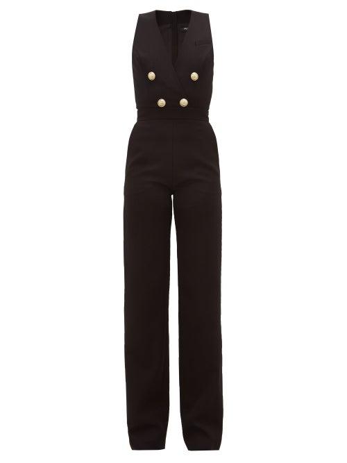 Matchesfashion.com Balmain - Surplice-neck Button-embellished Wool Jumpsuit - Womens - Black