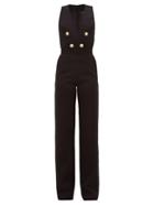 Matchesfashion.com Balmain - Surplice-neck Button-embellished Wool Jumpsuit - Womens - Black