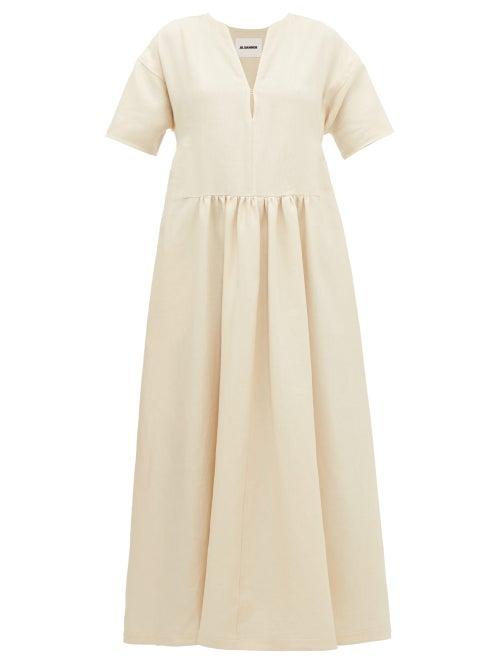 Matchesfashion.com Jil Sander - Side-stripe V-neck Linen Dress - Womens - Beige Multi