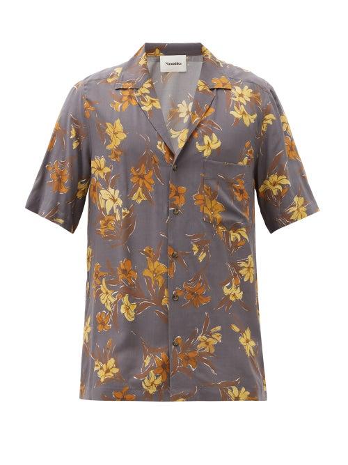 Matchesfashion.com Nanushka - Venci Cuban-collar Lily-print Crepe Shirt - Mens - Navy Multi