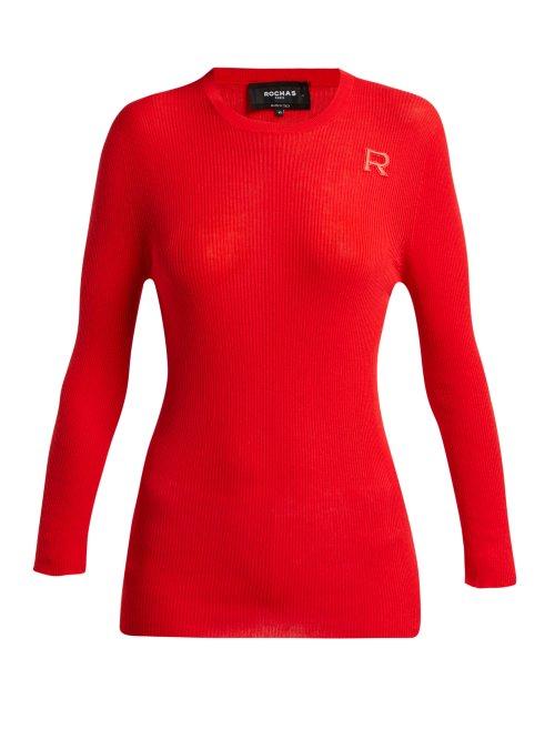 Matchesfashion.com Rochas - Logo Appliqu Ribbed Cotton Sweater - Womens - Red
