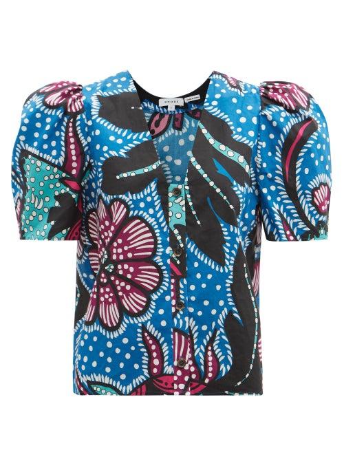 Matchesfashion.com Rhode - Nisha Puff-sleeve Cotton-poplin Top - Womens - Blue Print