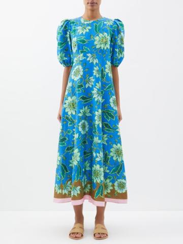 Ale Mais - Winnie Floral-print Linen Dress - Womens - Cobalt Blue