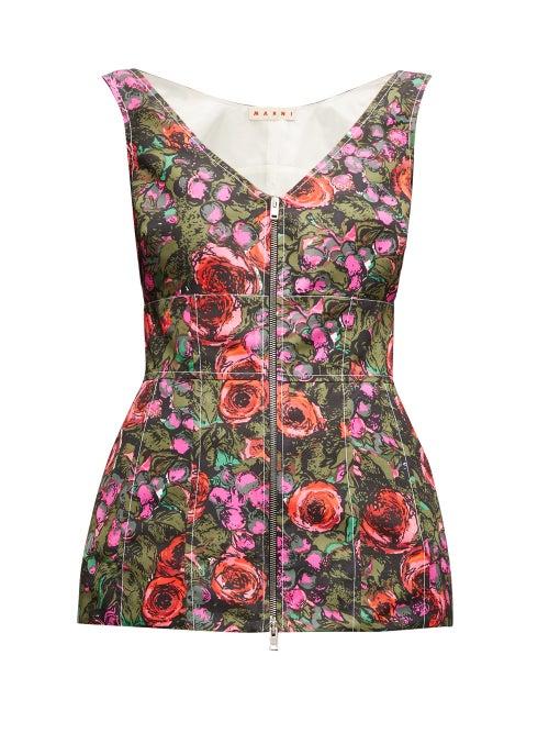 Matchesfashion.com Marni - Zipped Floral-print Peplum-hem Faille Top - Womens - Pink Multi