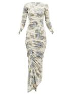 Matchesfashion.com Preen By Thornton Bregazzi - Josepha Ruched Floral Print Velvet Dress - Womens - Ivory Multi