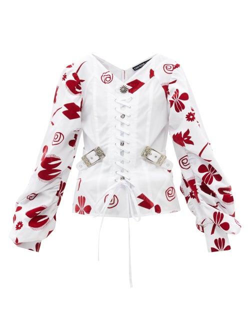 Chopova Lowena - Taz Corset-front Floral-flocked Cotton Blouse - Womens - White Multi