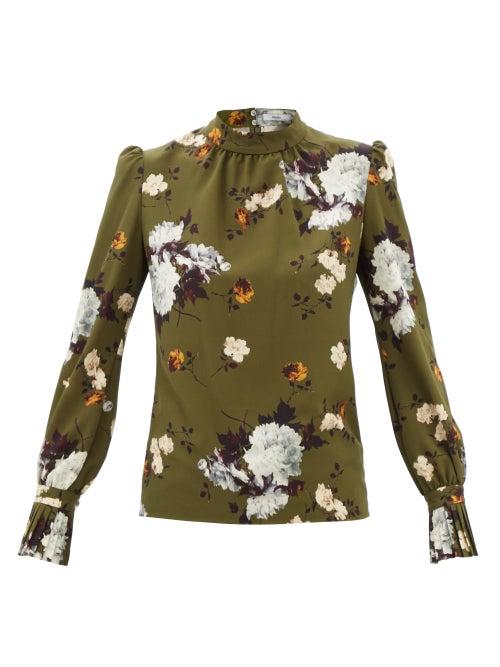 Erdem - Barnaby Floral-printed High-neck Crepe Blouse - Womens - Khaki