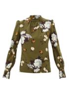 Erdem - Barnaby Floral-printed High-neck Crepe Blouse - Womens - Khaki