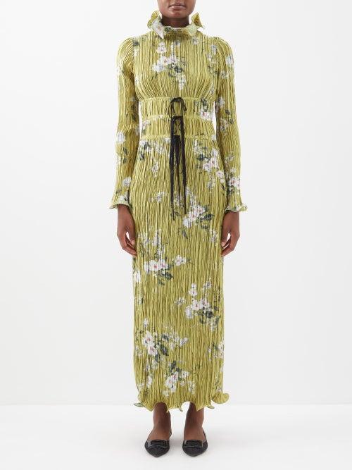 Erdem - Namiba Posy-print High Neck Pliss Midi Dress - Womens - Yellow Multi