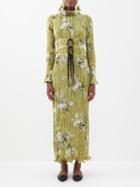 Erdem - Namiba Posy-print High Neck Pliss Midi Dress - Womens - Yellow Multi