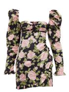 Matchesfashion.com Alessandra Rich - Puff Sleeve Rose Print Silk Mini Dress - Womens - Black Pink