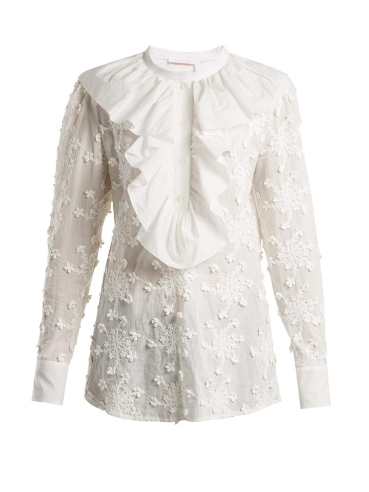 See By Chloé Ruffled-trim Embroidered Cotton Blouse