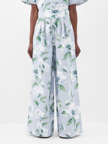 Marta Ferri - Pic Nic Floral-print Linen-blend Wide-leg Trousers - Womens - Light Blue