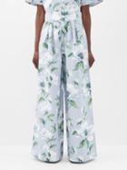 Marta Ferri - Pic Nic Floral-print Linen-blend Wide-leg Trousers - Womens - Light Blue