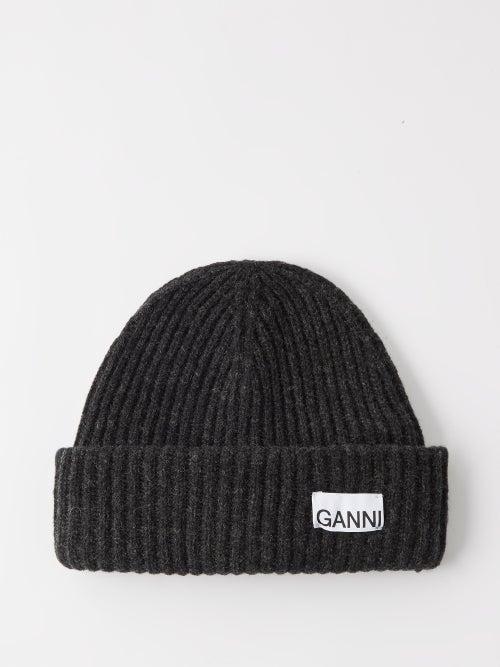 Ganni - Logo-patch Ribbed-knit Beanie Hat - Womens - Black