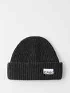 Ganni - Logo-patch Ribbed-knit Beanie Hat - Womens - Black