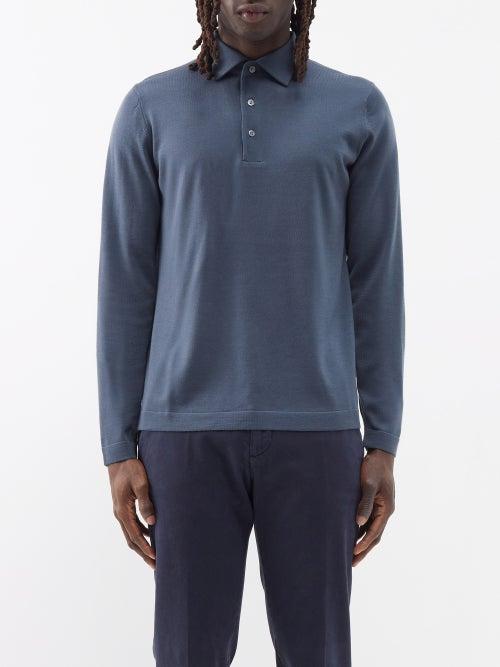 Thom Sweeney - Long-sleeved Merino-wool Polo Shirt - Mens - Blue