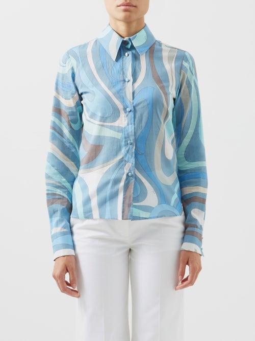 Pucci - Marmo-print Cotton-voile Shirt - Womens - Blue Print