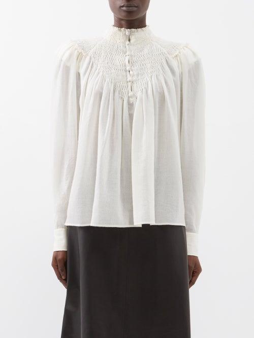 Chlo - Smocked-bib Wool-gauze Blouse - Womens - Beige