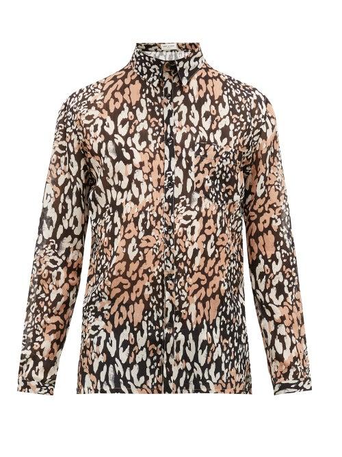 Matchesfashion.com Saint Laurent - Leopard-print Cotton-blend Crinkle-georgette Shirt - Mens - Black Brown