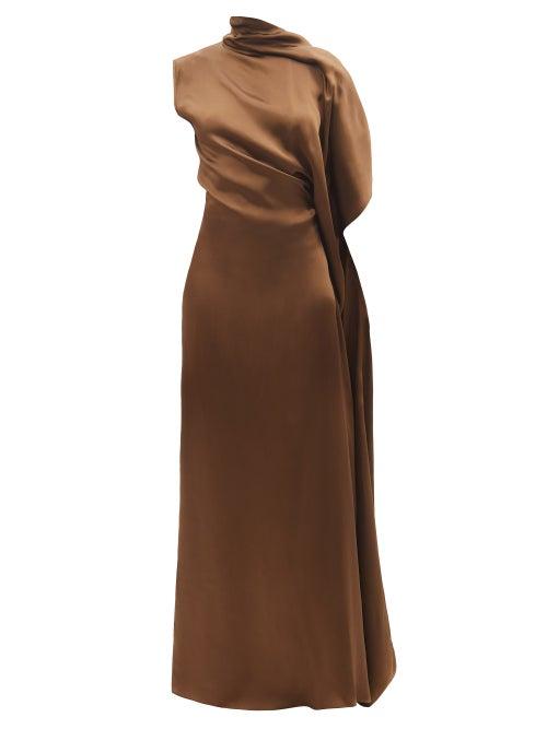 Petar Petrov - Ayan Asymmetric Satin Maxi Dress - Womens - Brown