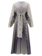Matchesfashion.com Valentino - Dolman-sleeve Striped Silk-satin Dress - Womens - Navy