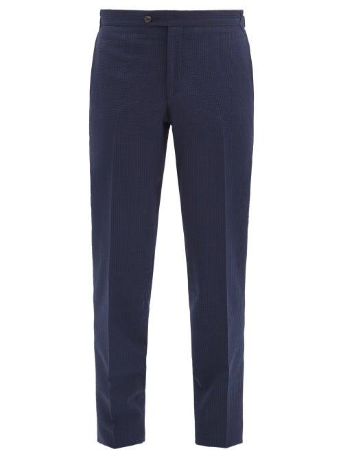 Matchesfashion.com Thom Sweeney - Seersucker Wool-blend Trousers - Mens - Navy