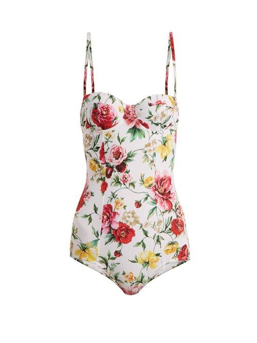 Matchesfashion.com Dolce & Gabbana - Floral Print Balconette Swimsuit - Womens - White Multi