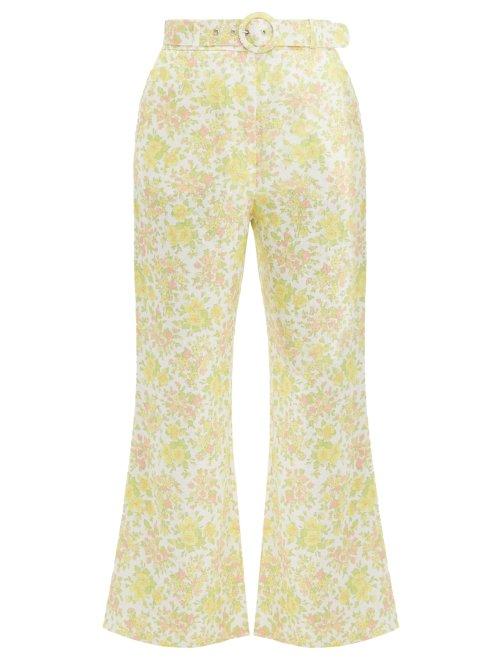 Matchesfashion.com Zimmermann - Goldie Floral Print Kick Flare Linen Trousers - Womens - Pale Yellow