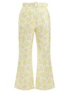 Matchesfashion.com Zimmermann - Goldie Floral Print Kick Flare Linen Trousers - Womens - Pale Yellow