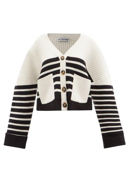 Self-portrait - Striped Rib-knitted Cardigan - Womens - White Black