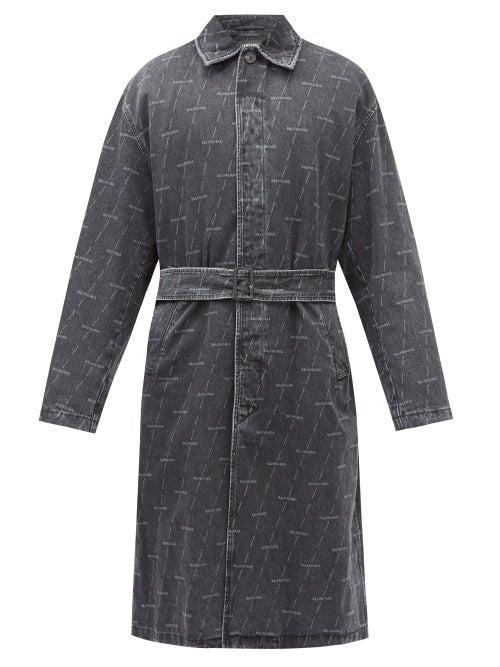 Matchesfashion.com Balenciaga - Diagonal Logo-print Denim Trench Coat - Mens - Black