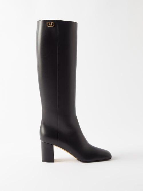 Valentino Garavani - Golden Walk V-logo Leather Knee-high Boots - Womens - Black