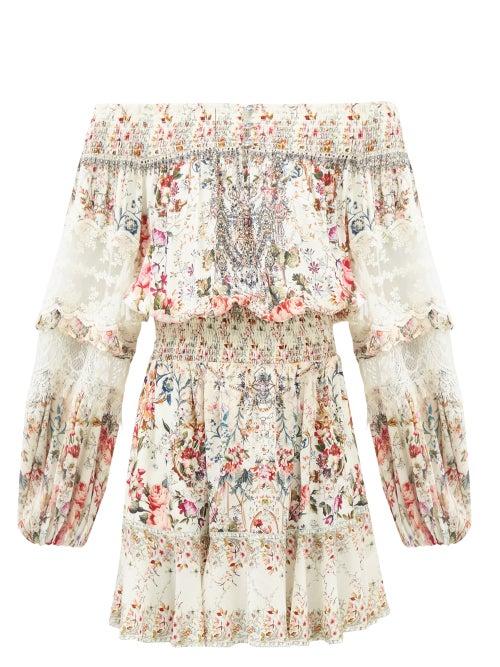 Camilla - London Looms-print Silk-chiffon Mini Dress - Womens - Ivory Multi
