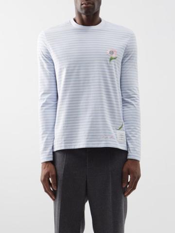 Thom Browne - Striped Flower-embroidery Cotton-jersey T-shirt - Mens - Light Blue