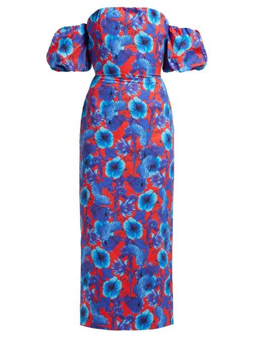 Matchesfashion.com Borgo De Nor - Adelita Floral Print Off The Shoulder Cotton Dress - Womens - Red Multi