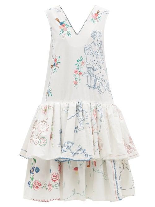 Matchesfashion.com Chopova Lowena - Embroidered Ruffle-hem Organic-cotton Dress - Womens - White
