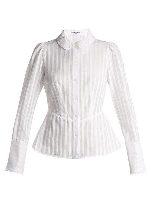 Matchesfashion.com Sonia Rykiel - Broderie Anglaise Collar Striped Cotton Blouse - Womens - White