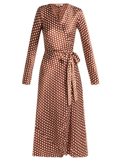 Matchesfashion.com Diane Von Furstenberg - Baker Polka Dot Wrap Around Silk Dress - Womens - Brown White