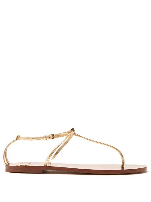Matchesfashion.com Valentino - Rockstud T Bar Leather Sandals - Womens - Gold