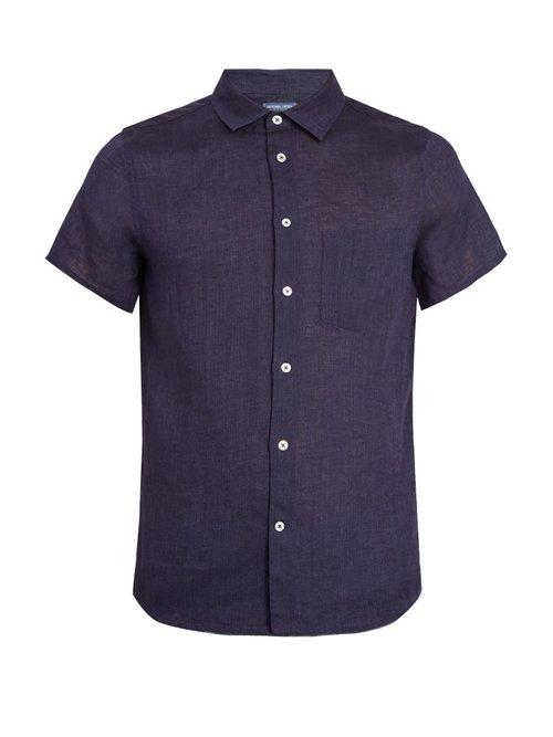 Matchesfashion.com Frescobol Carioca - Point Collar Short Sleeve Linen Shirt - Mens - Navy
