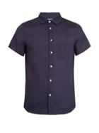 Matchesfashion.com Frescobol Carioca - Point Collar Short Sleeve Linen Shirt - Mens - Navy