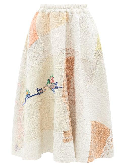 By Walid - Embroidered-cotton Midi Skirt - Womens - Beige