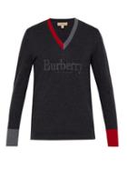 Matchesfashion.com Burberry - Vance Logo Embroidered Merino Sweater - Mens - Dark Grey