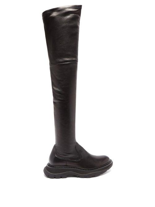 Ladies Shoes Alexander Mcqueen - Tread Leather Over-the-knee Boots - Womens - Black
