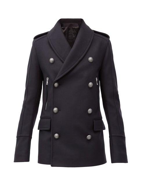 Matchesfashion.com Balmain - Shawl-lapel Wool-blend Peacoat - Mens - Navy