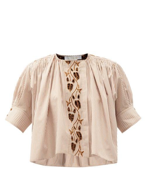 Ladies Rtw Chlo - Vine-embroidered Striped-poplin Blouse - Womens - Beige White