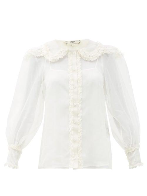 Matchesfashion.com Fendi - Ruffled Round-collar Silk-crepe Blouse - Womens - White