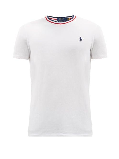 Matchesfashion.com Polo Ralph Lauren - Striped-neck Logo-embroidered Cotton T-shirt - Mens - White