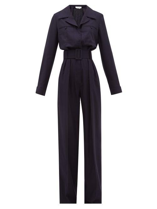 Matchesfashion.com Gabriela Hearst - Weil Belted Silk-blend Jumpsuit - Womens - Navy